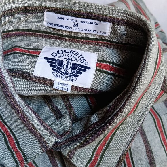 Vintage Mens Shirt Medium LEVIS DOCKERS PREPPY 1990's 90s STRIPED Logo Oversized - Picture 3 of 6